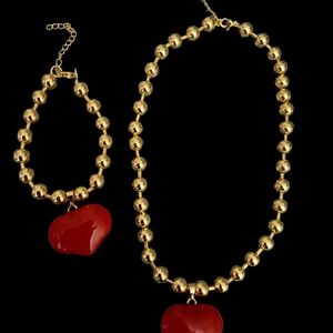Gold and Red Beaded Necklace and Bracelet Set